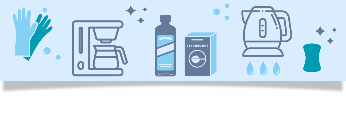 Illustration av rengöringsprodukter och köksmaskiner: handskar, kaffebryggare, rengöringsmedel, bikarbonat, vattenkokare och svamp.