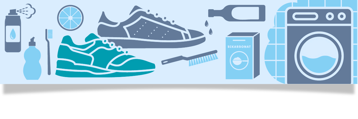 Sneakers, tvättmaskin, rengöringsprodukter.