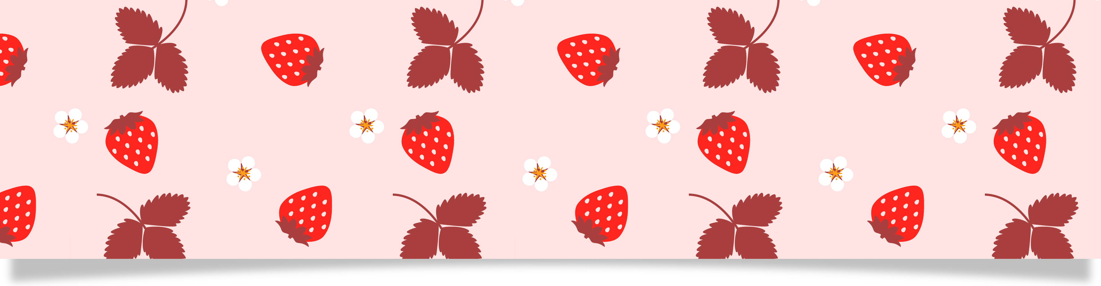 Mönster med jordgubbar och vita blommor på en ljusrosa bakgrund.