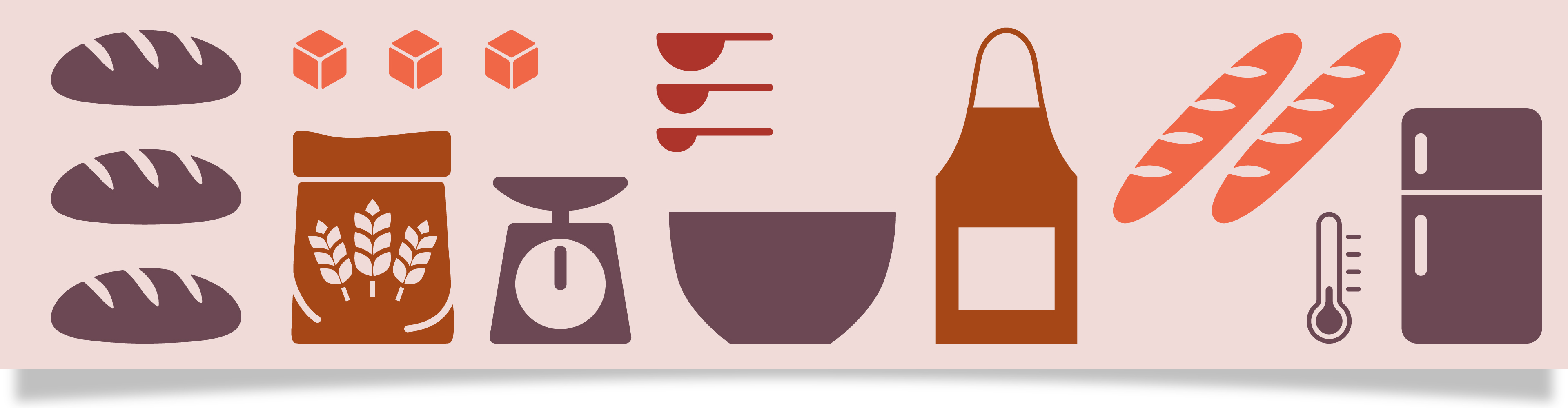 Illustration av bakningsingredienser och utrustning, inklusive bröd, mjöl, socker, mått och en ugn.