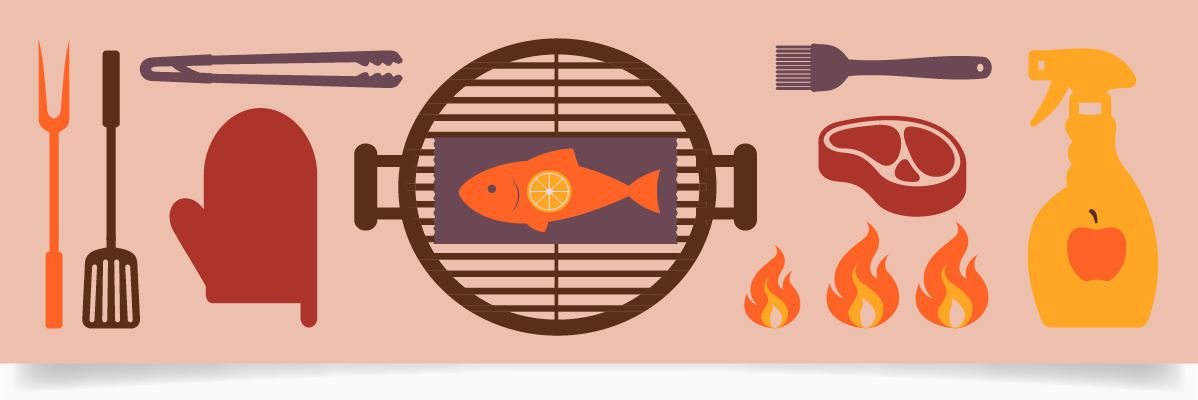 Grillning: fisk, biff, redskap och spray.