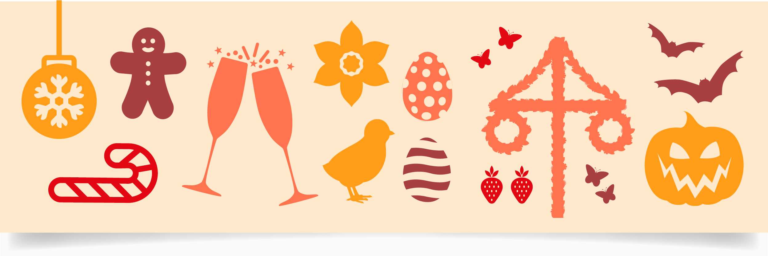Jul-, påsk-, midsommar- och halloween-symboler: pepparkaksman, ägg, pumpa.