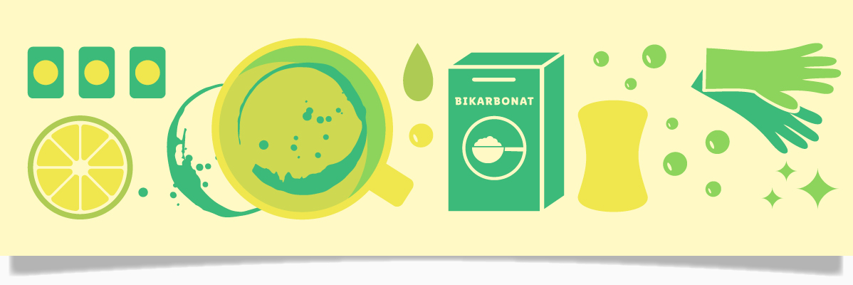 Rengöring: bikarbonat, citron, handskar och svamp.