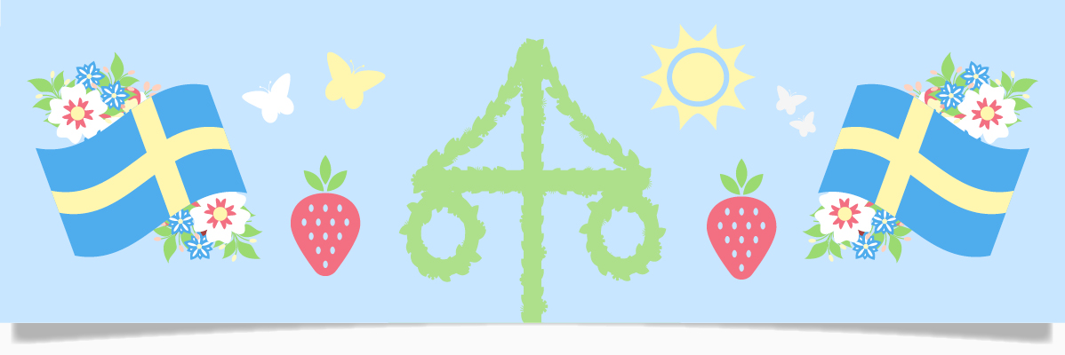 Svenska flaggor, midsommarstång och jordgubbar.