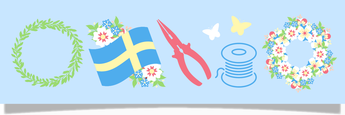 Blomkransar, svensk flagga, tång och garn.