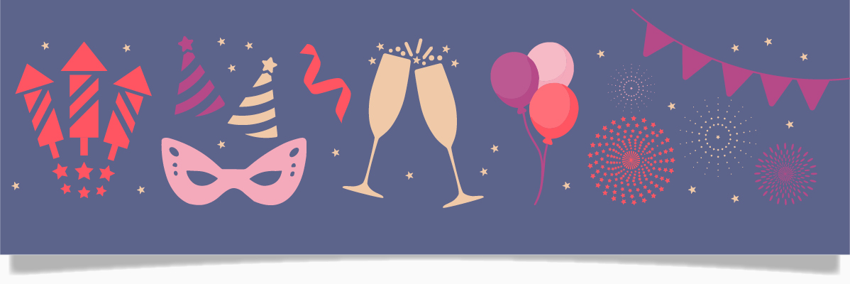 Fest: fyrverkerier, ballonger, masker och champagneglas.