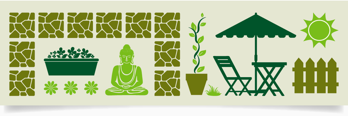 Trädgårdsmöbler, Buddhastatyett, stenläggning och staket.