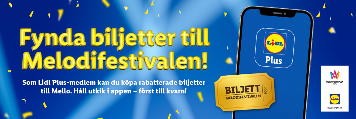 Lidl Plus-erbjudande: Få rabatterade biljetter till Melodifestivalen 2026 via Lidl Plus-appen.