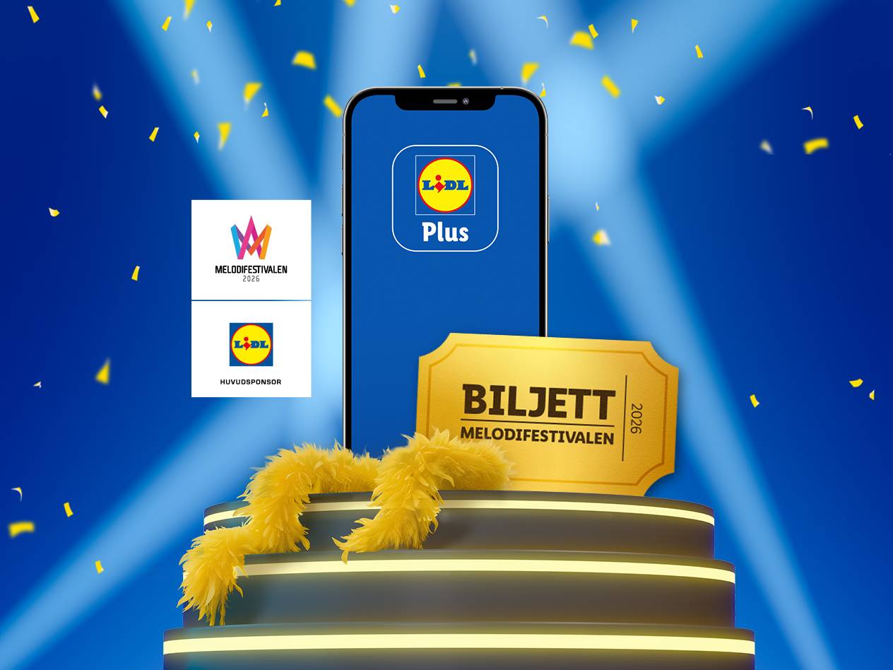 Lidl Plus-app, Melodifestivalen-logotyp, huvudsponsorlogotyp och en biljett till Melodifestivalen 2026.