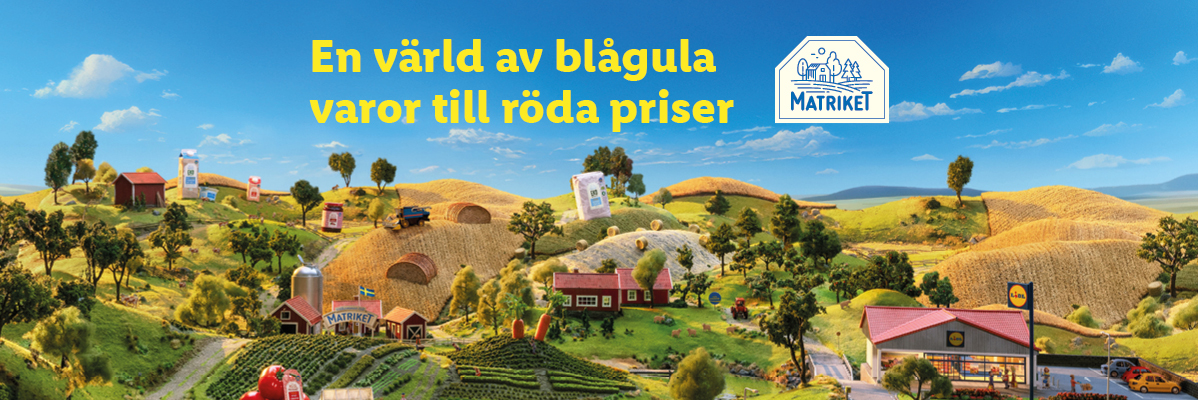 Matrikets blågula varor till röda priser i lantlig idyll.