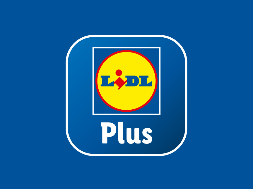 Lidl Plus-appens logotyp visas på en blå bakgrund.