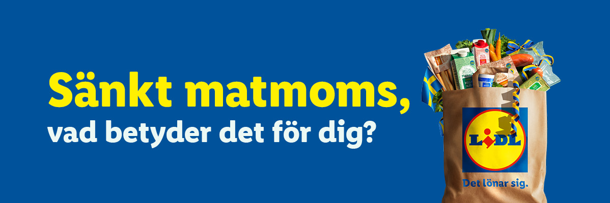 En matkasse fylld med livsmedel som grönsaker och mejeriprodukter. Text: 'Sänkt matmoms, vad betyder det för dig? Det lönar sig.'