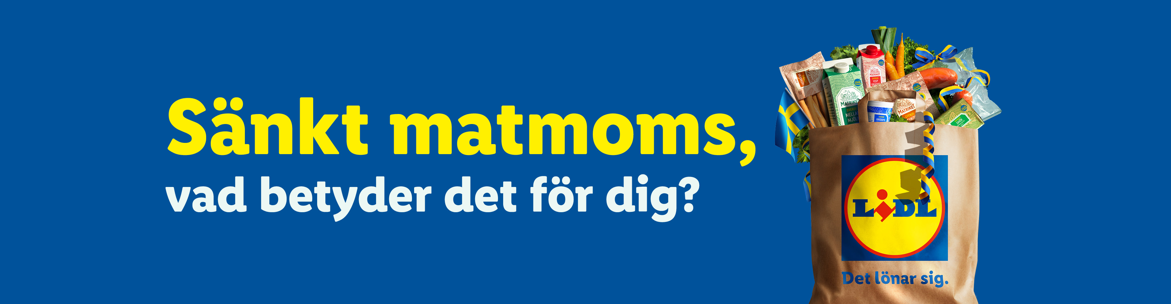 En matkasse fylld med livsmedel som grönsaker och mejeriprodukter. Text: 'Sänkt matmoms, vad betyder det för dig? Det lönar sig.'