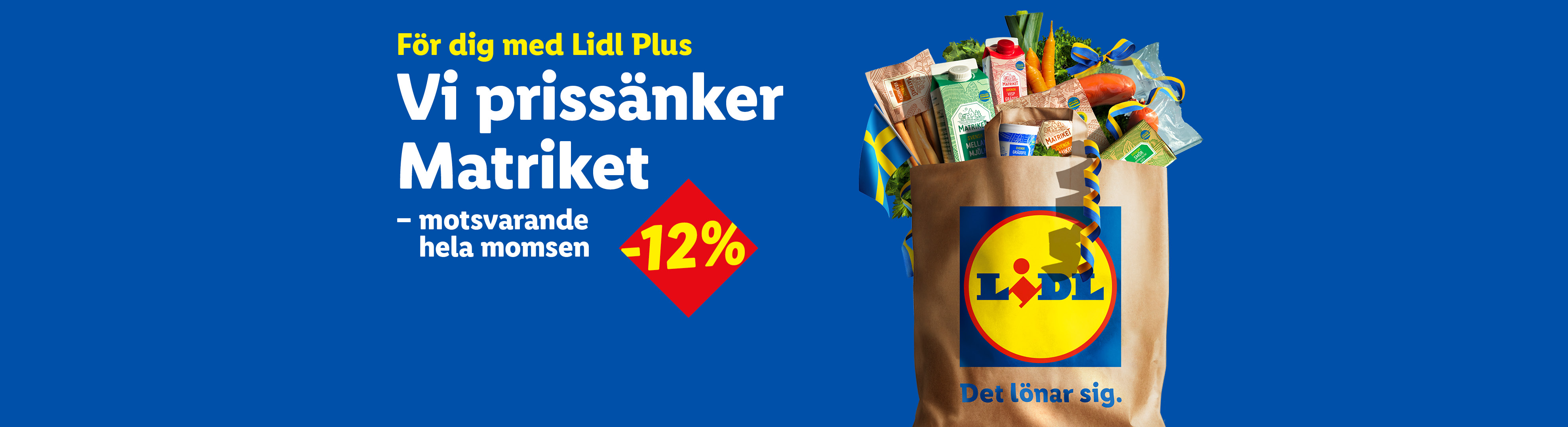 En matkasse fylld med livsmedel och en svensk flagga, med texten 'Vi prissänker Matriket -12%'.