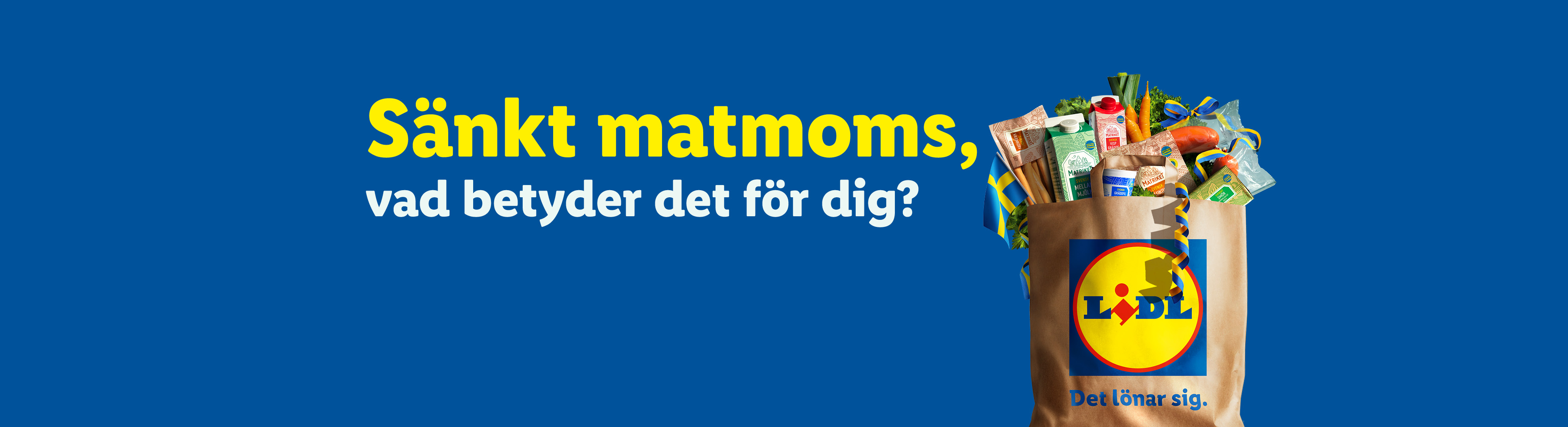 En matkasse fylld med livsmedel som mjölk, morötter och grönsaker, med texten 'Sänkt matmoms, vad betyder det för dig?'.