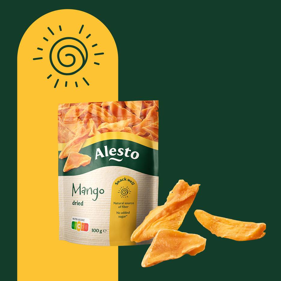 Förpackning med torkad mango, naturlig källa till fiber, inget tillsatt socker, med Nutri-Score A.