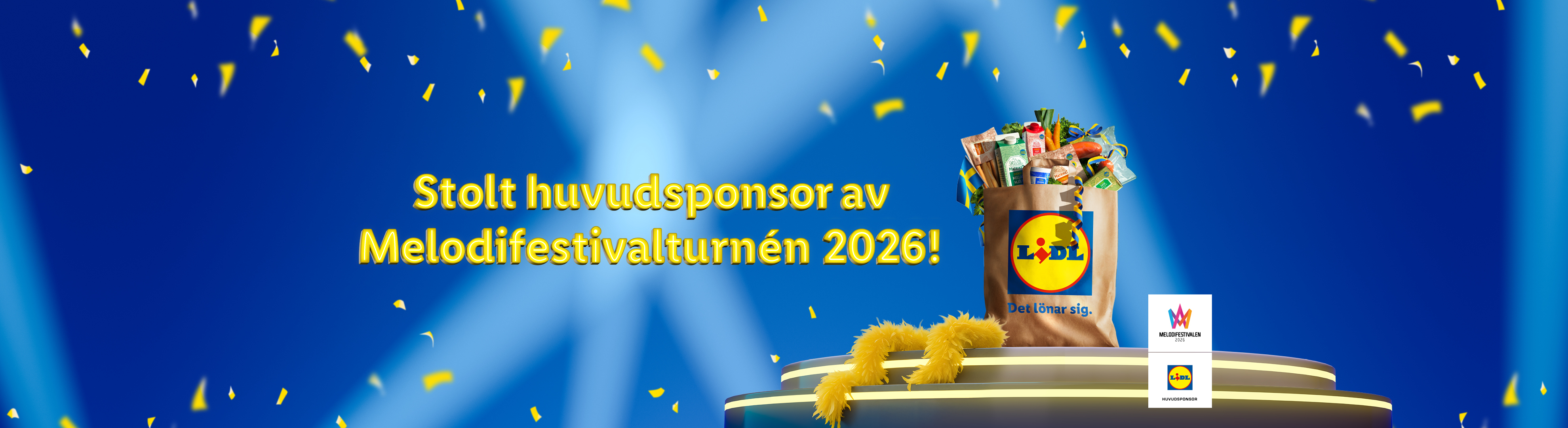 Lidl är stolt huvudsponsor för Melodifestivalturnén 2026, med en matkasse fylld av varor och konfetti.