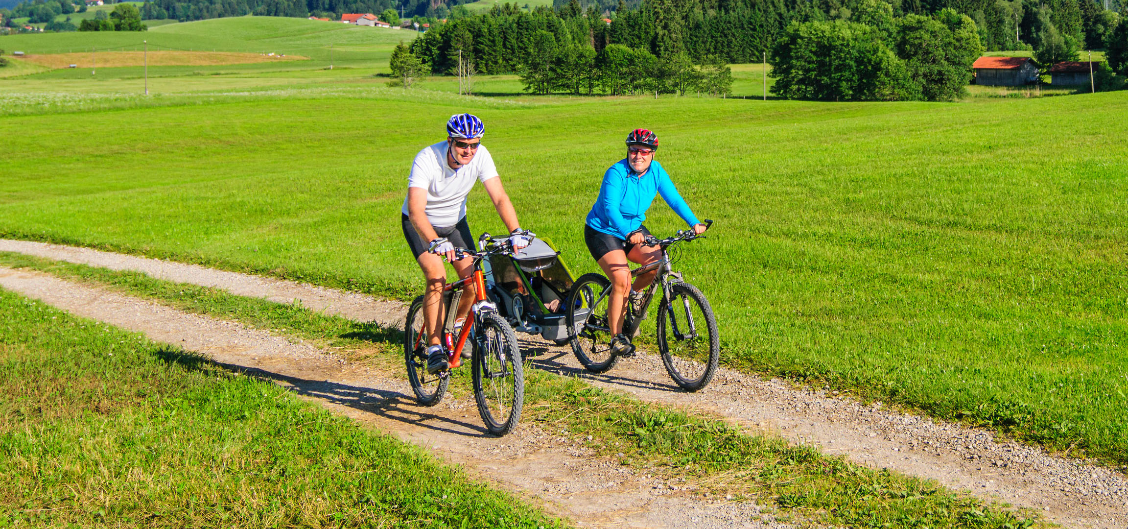 Par cyklar i ett grönt landskap.