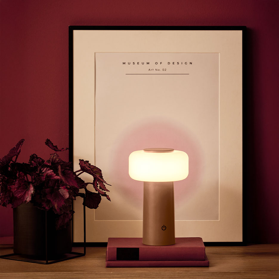 Bärbar bordslampa på böcker, med växt och affisch i bakgrunden.