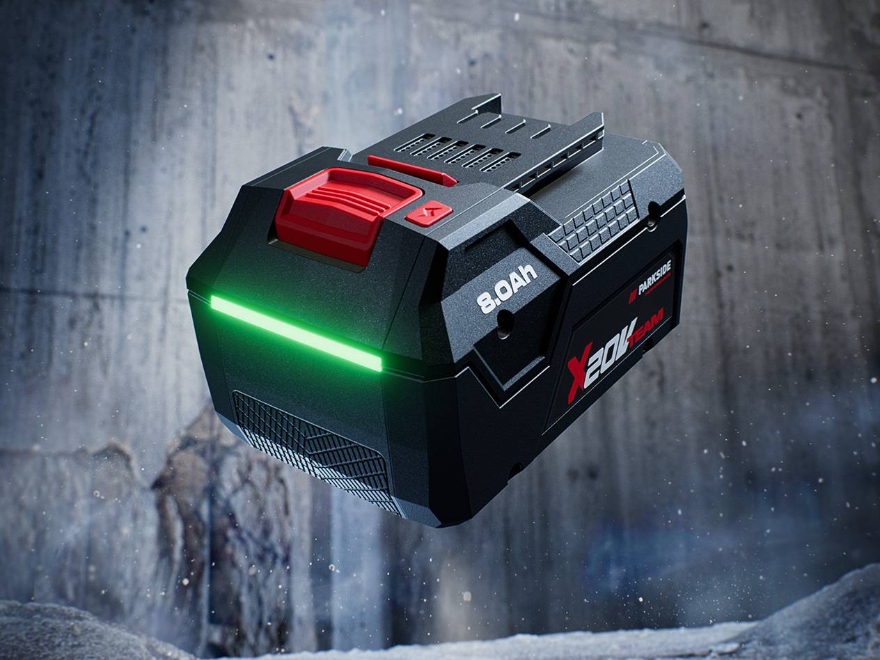 Parkside X 20V Team 8.0Ah batteri med en stark grön laddningsindikator.