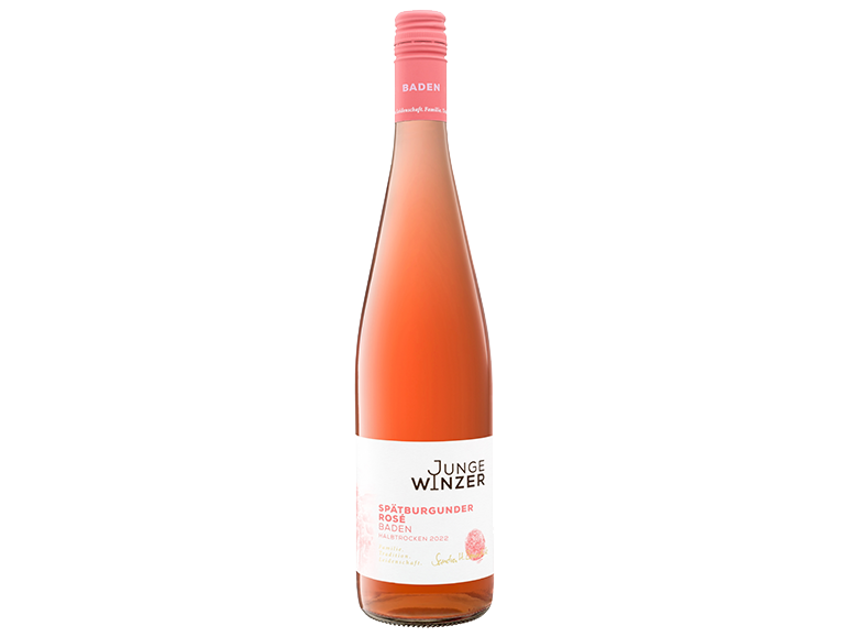 En flaska Junge Winzer Spätburgunder Rosé vin med en rosa etikett.