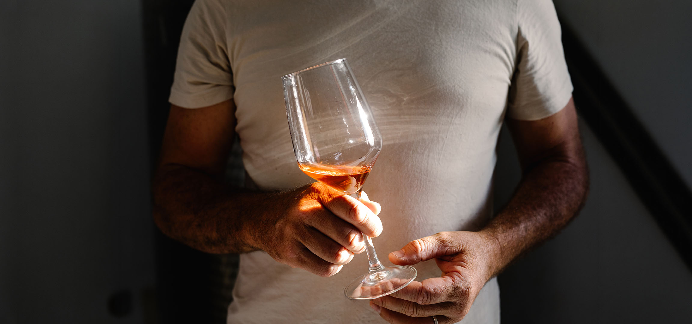 Man håller ett glas rosévin, solbelyst, mot en mörk bakgrund.