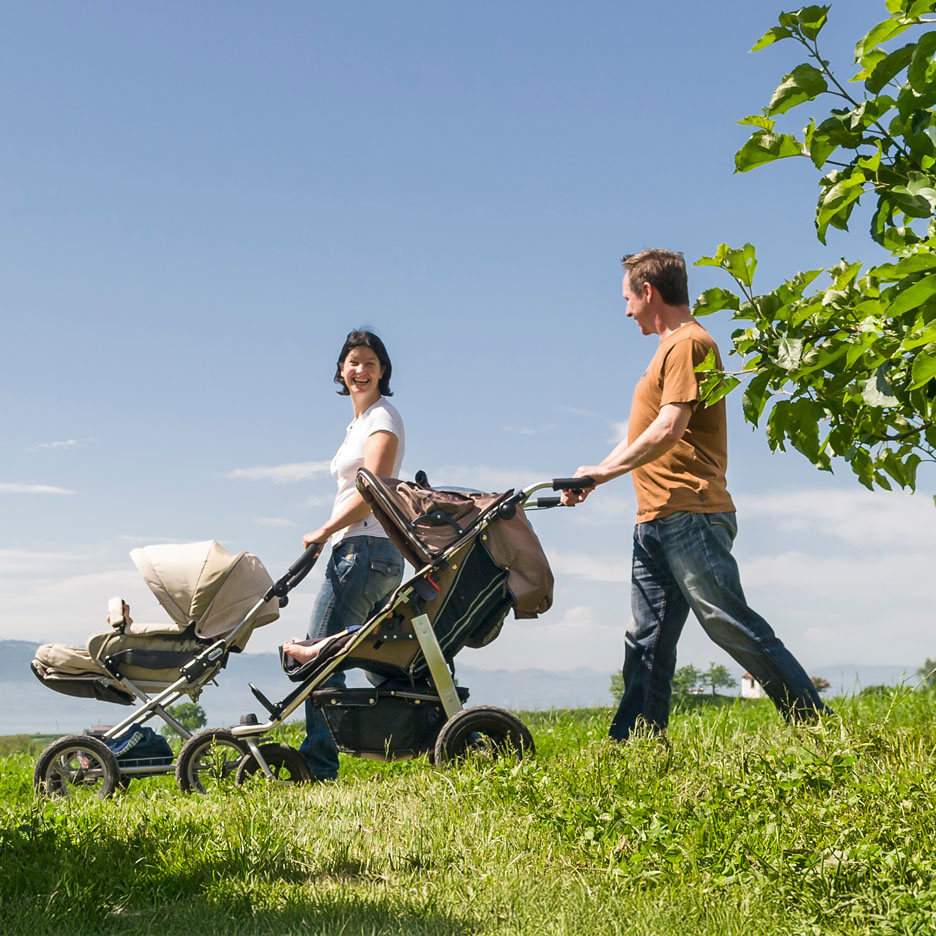En familj promenerar i en äng med en barnvagn.