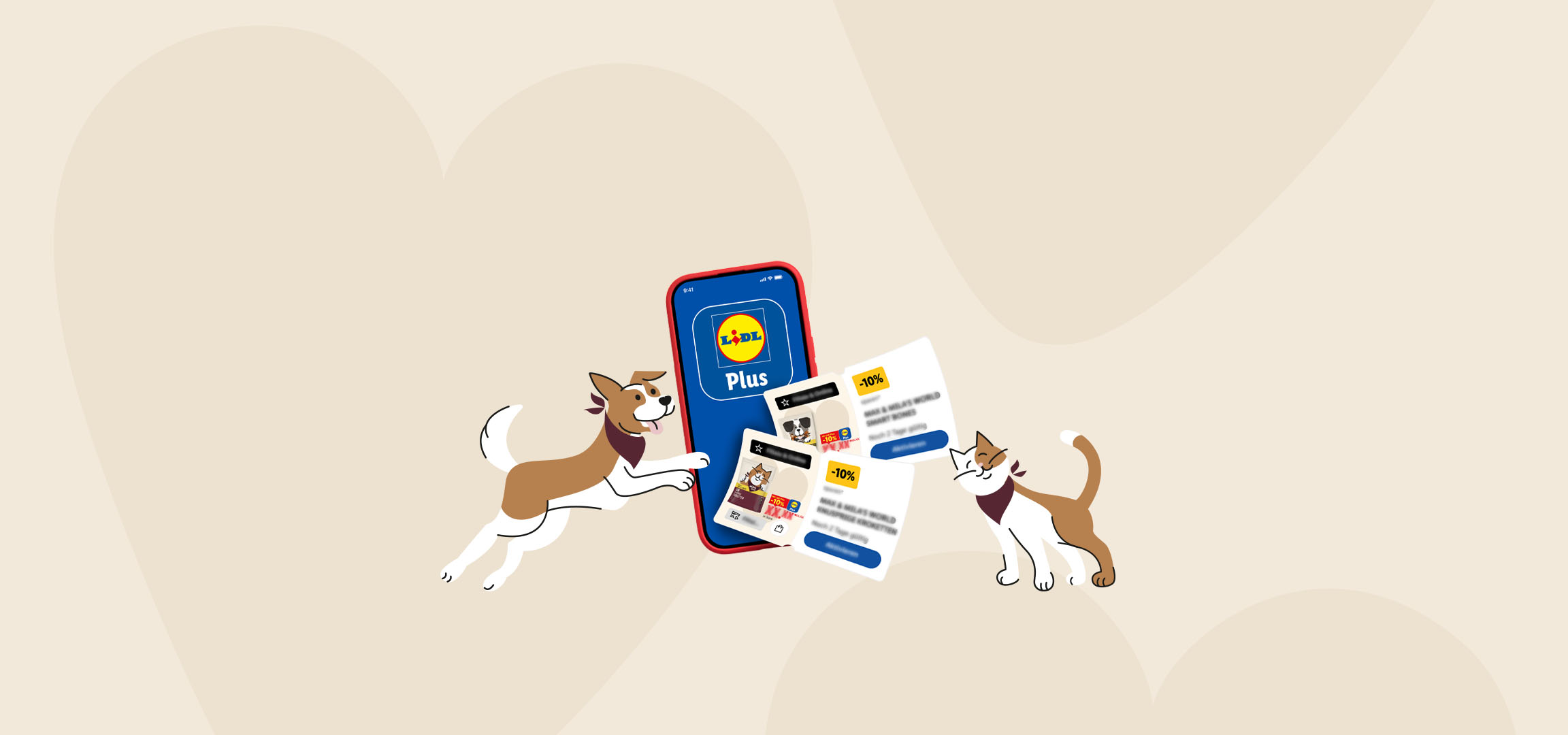 App med erbjudanden för husdjursmat, omgiven av en katt och en hund.
