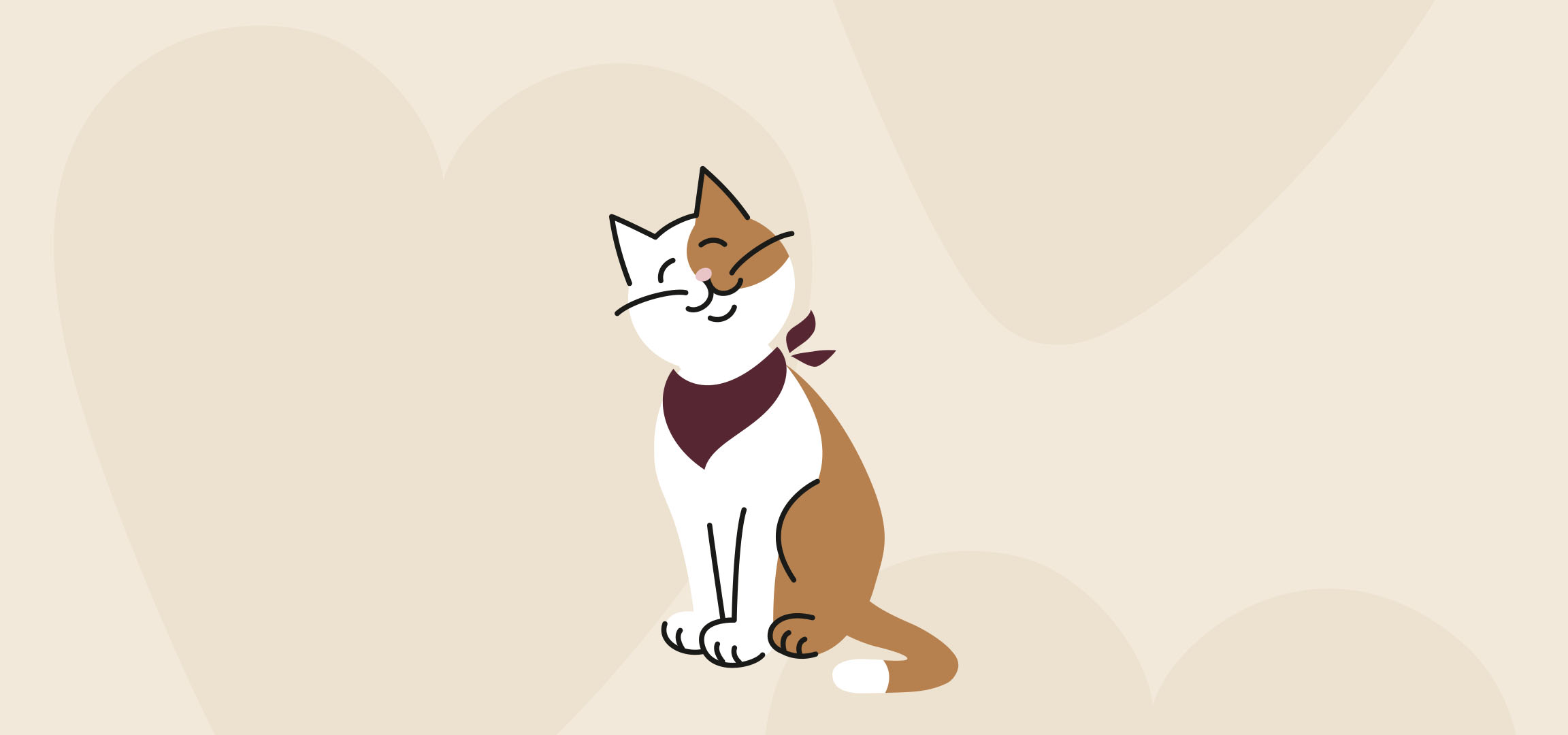 En leende katt med en vinröd bandana på en beige bakgrund med abstrakta former.
