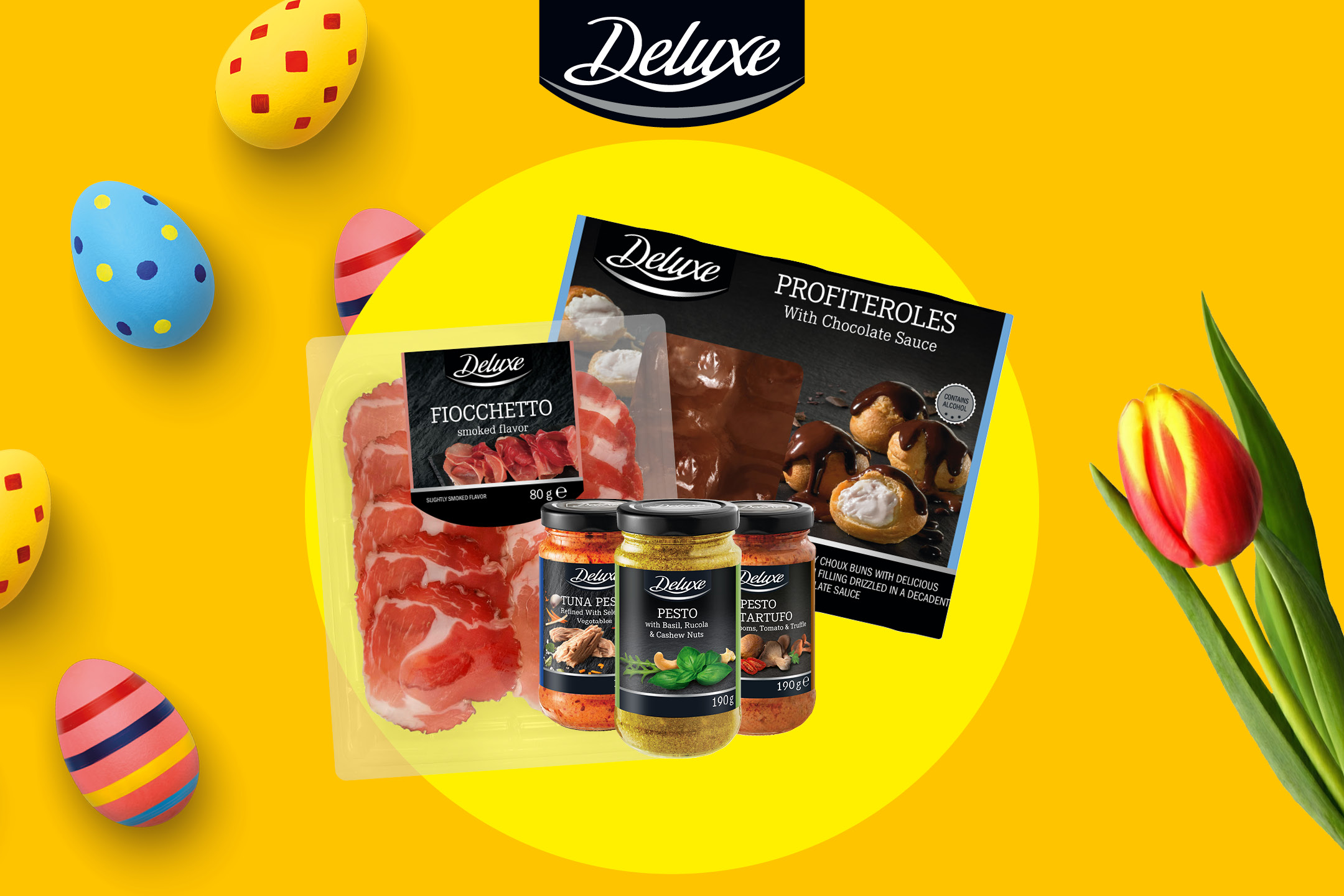 Påskbild med chokladprofiteroles, fiocchetto, pesto och tonfiskpesto, omgivna av påskägg och tulpaner.