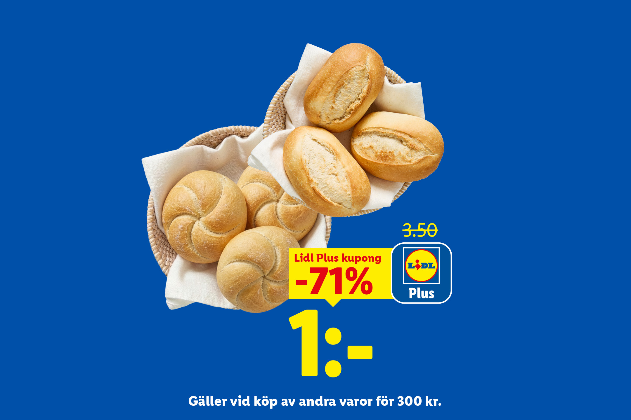 En korg med bröd, med en kupong som erbjuder 71% rabatt, vilket sänker priset från 3.50 till 1 kr.