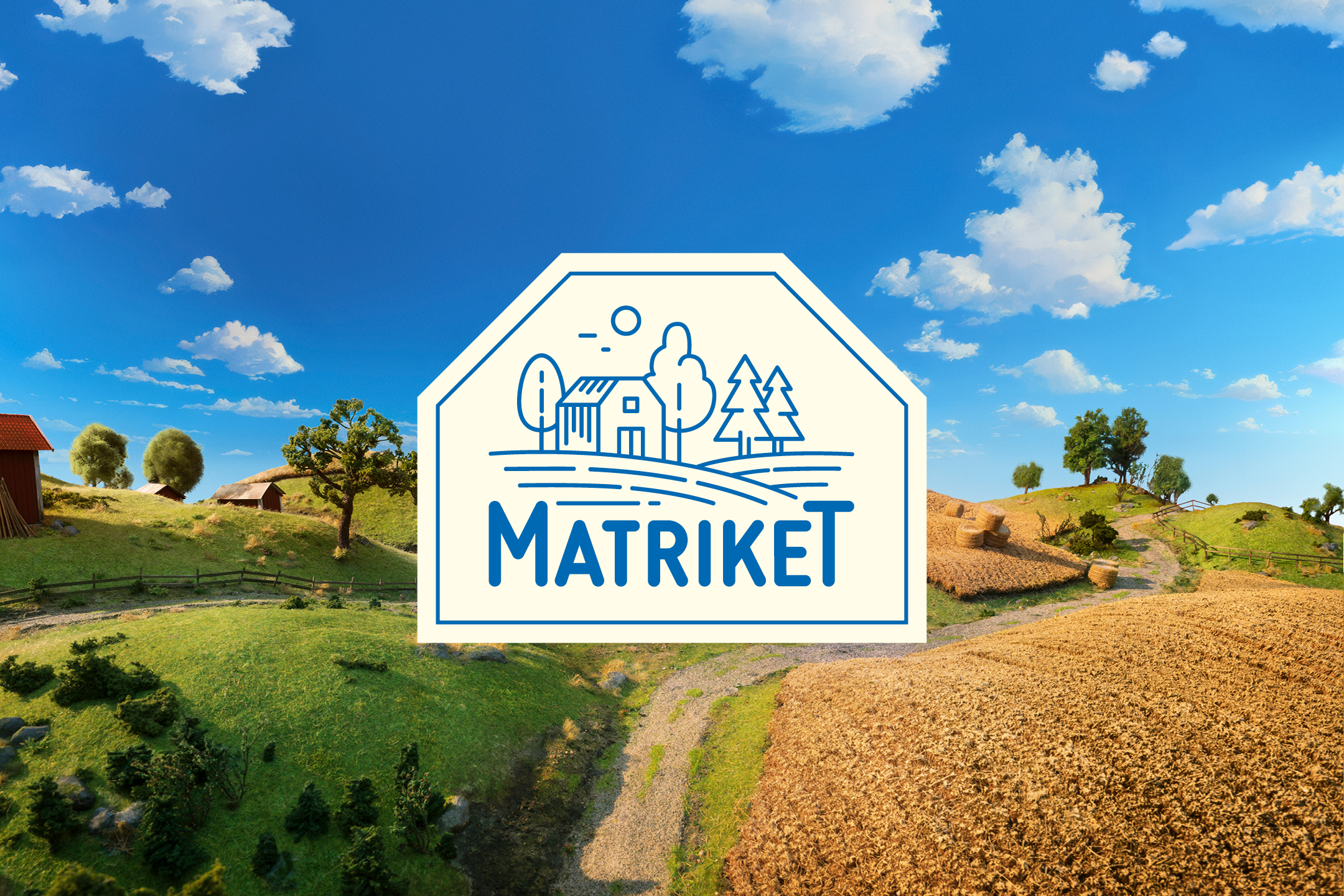 Logotyp för Matriket med en bondgård och träd mot en blå himmel med moln.