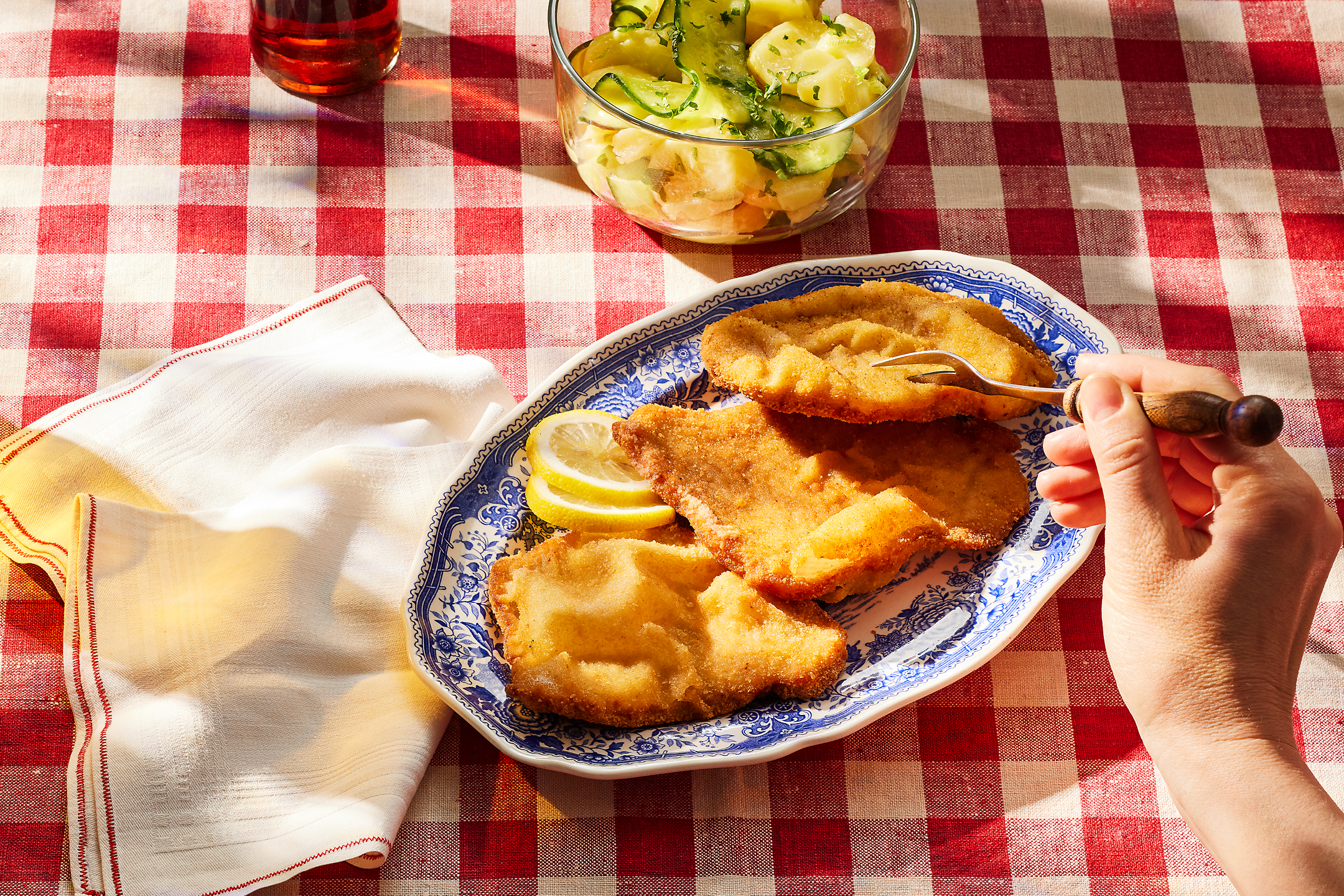 Panerad schnitzel med potatis- och gurksallad på en rödvitrutig duk.