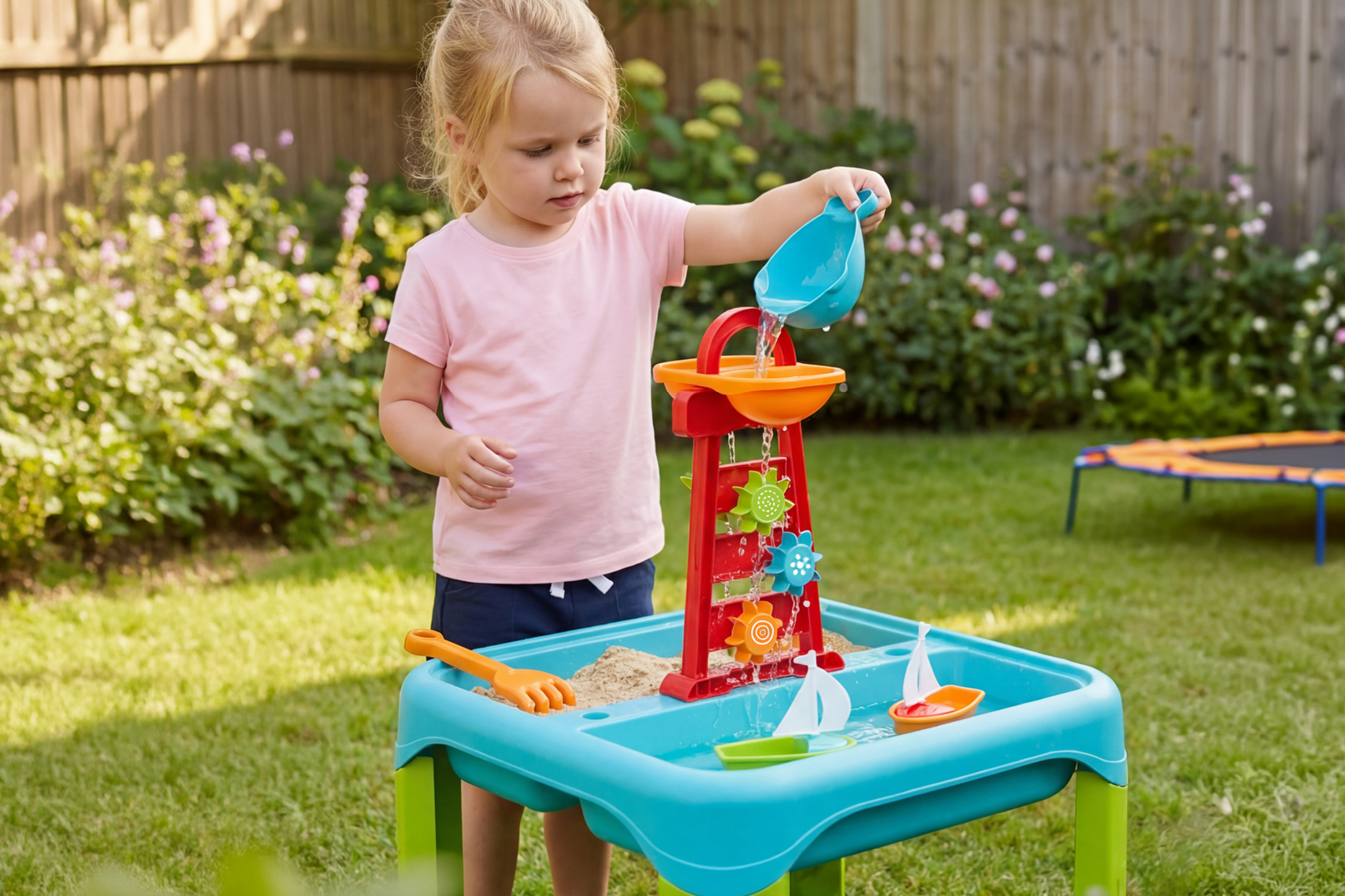 Litet barn leker med sand- och vattenbord i trädgården.
