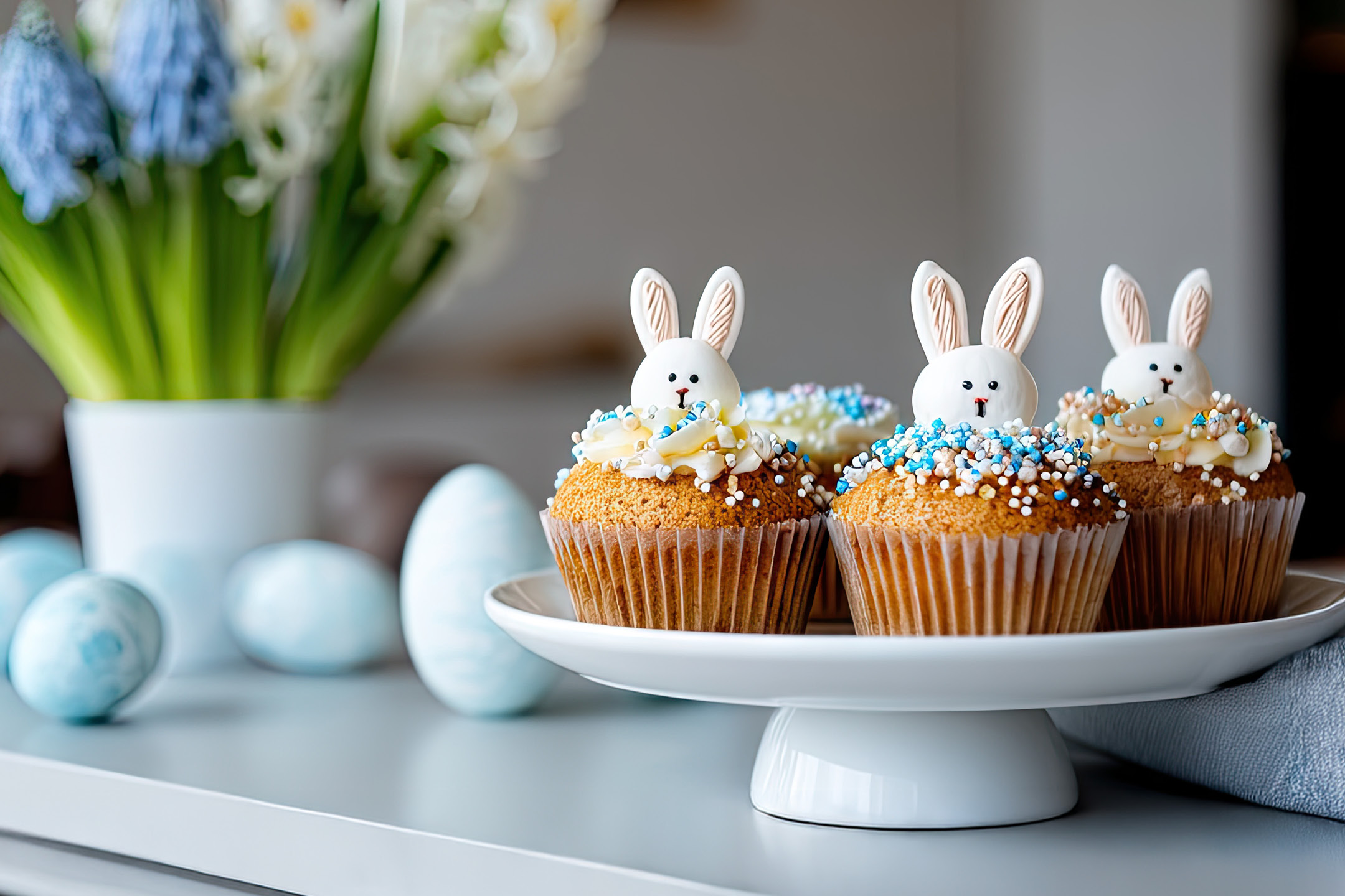 Påskmuffins med kaninansikten och strössel, omgivna av blåa påskägg och blommor.