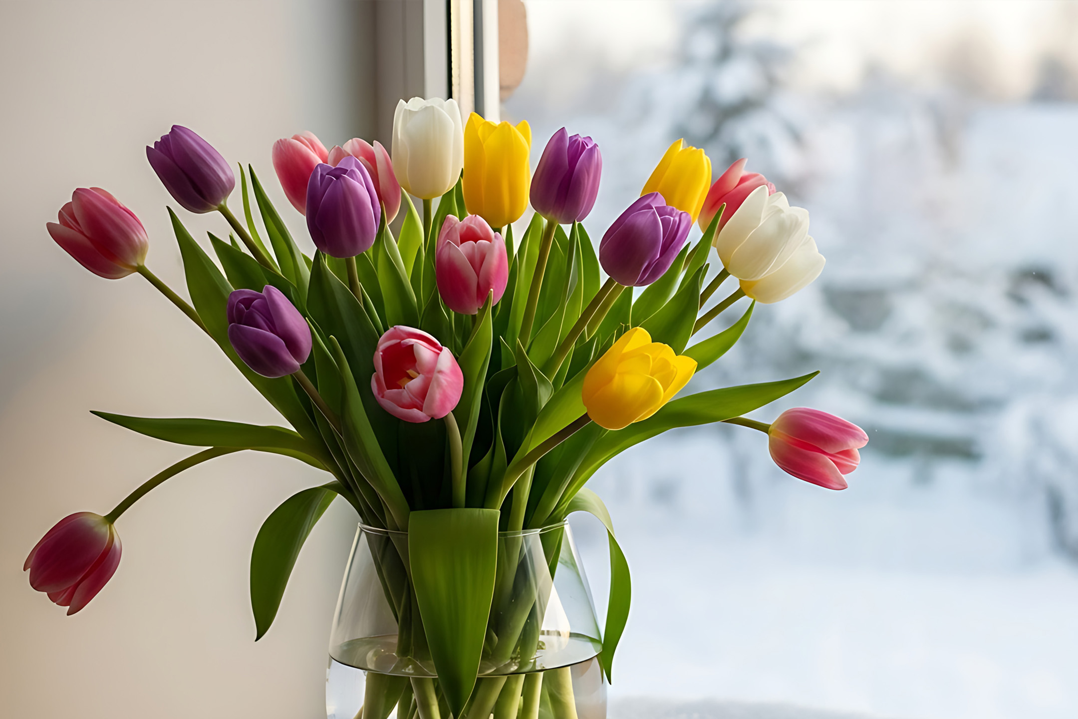 En bukett färgglada tulpaner i en vas vid ett fönster med snöigt landskap utanför.