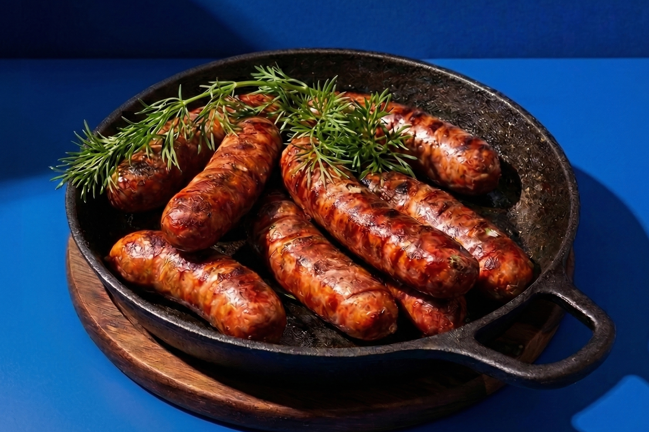 Grillade korvar med färsk dill i en gjutjärnspanna på en träskiva.