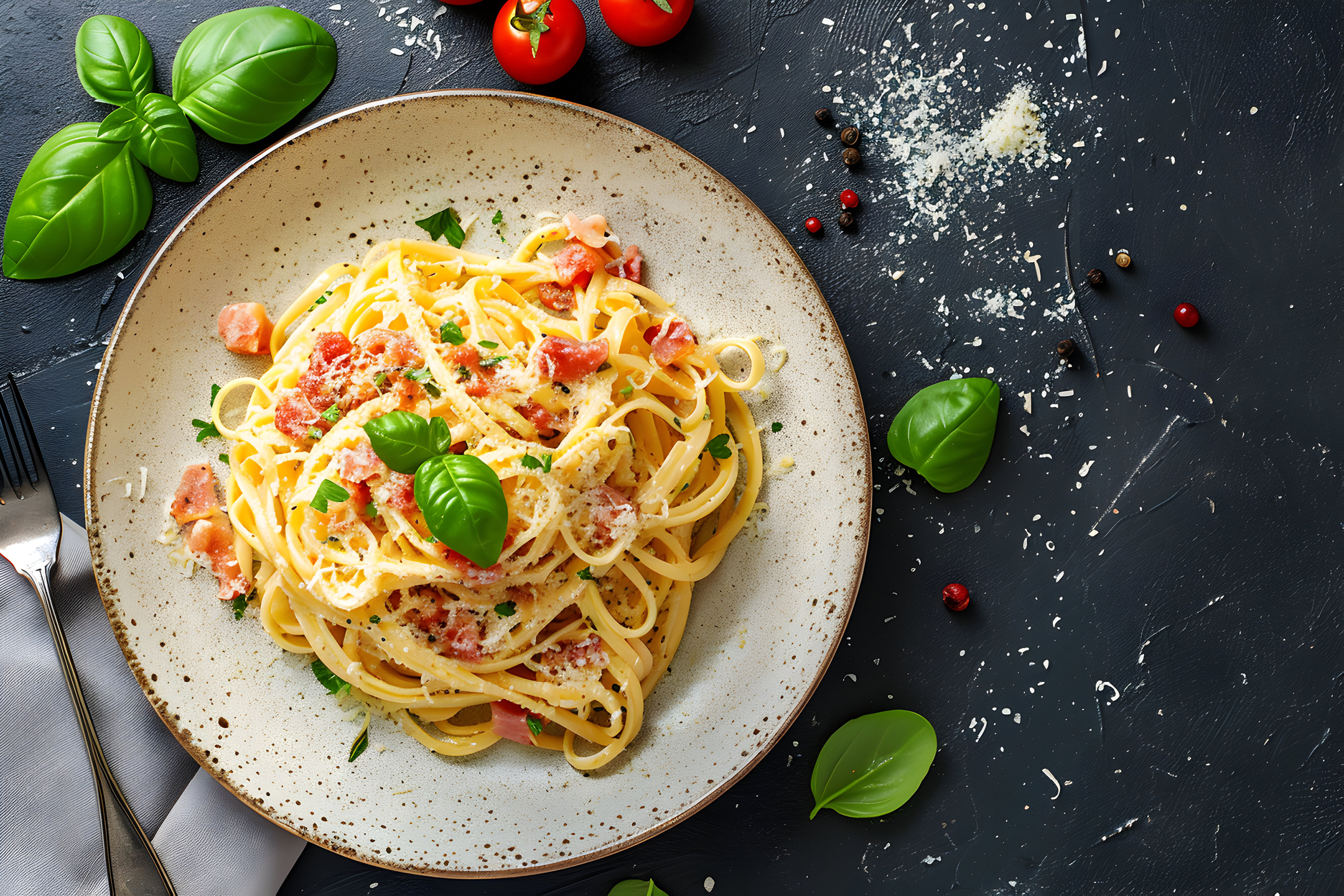 Tallrik med pasta carbonara, basilikablad och tomater på mörk bakgrund.