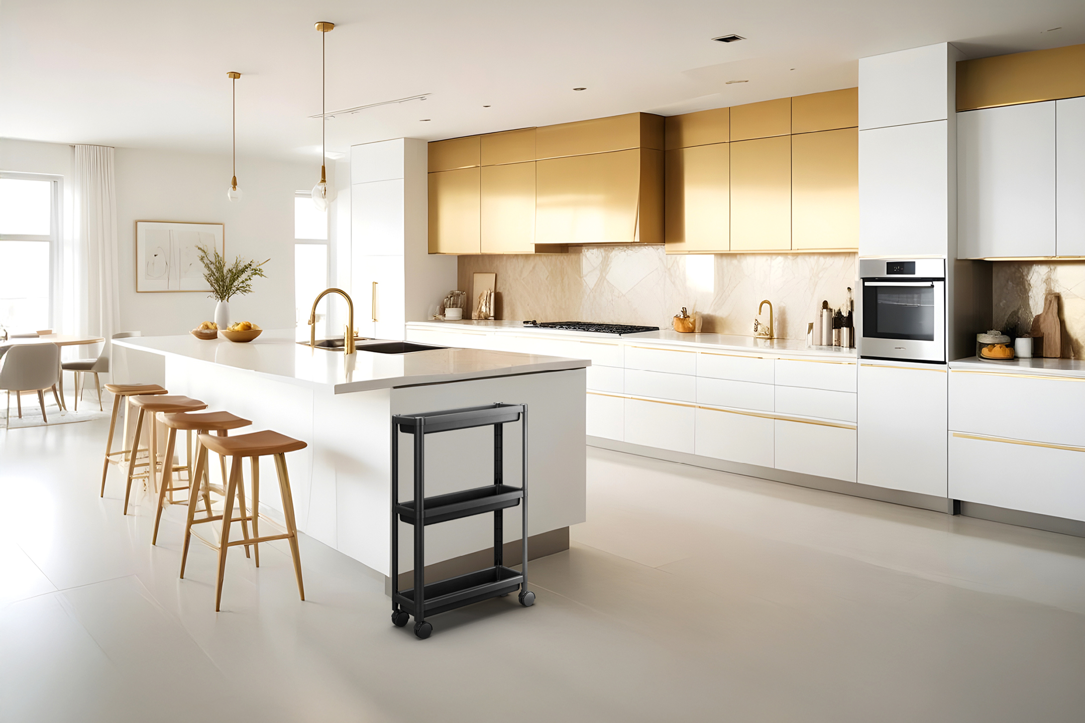 Ett modernt kök med vita skåp, guldfärgade överskåp och en svart rullvagn.