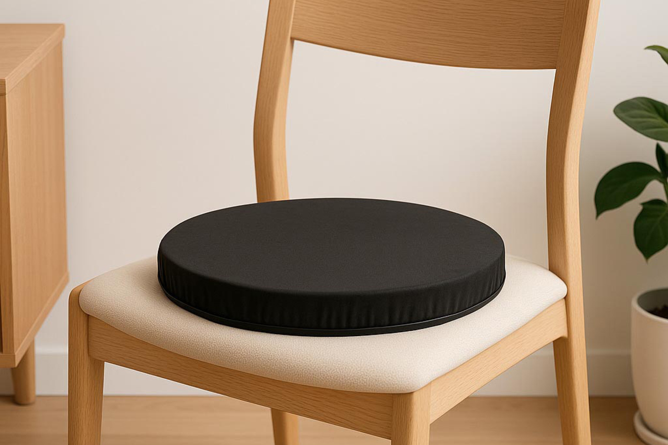 Svart rund sittdyna på en ljus trästol med beige klädd sits i ett rum.