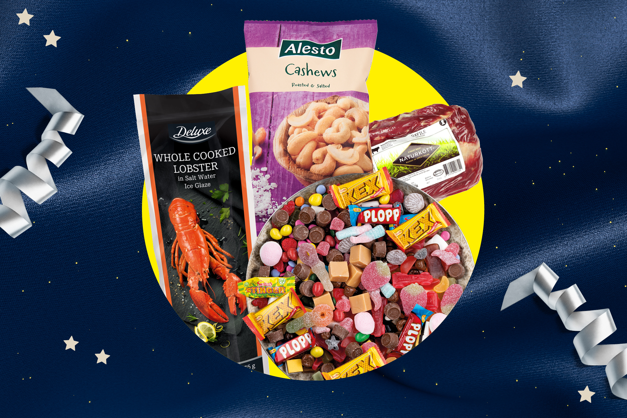 En festlig bild med hummer, cashewnötter, oxfilé och en skål med godis som Plopp och Kex.