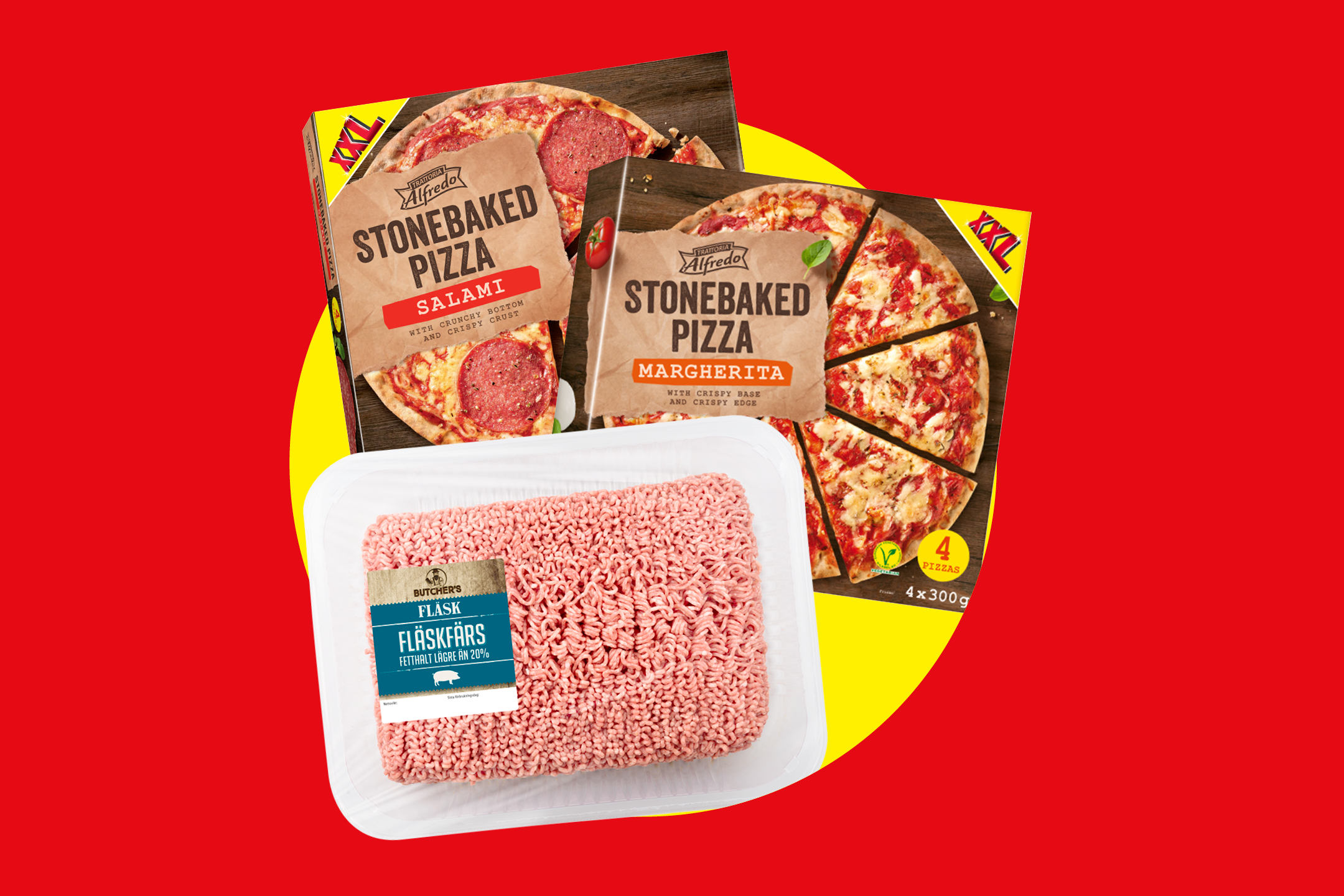 Två Alfredo stenugnsbakade pizzor (salami och margherita) och en förpackning Butchers fläskfärs.
