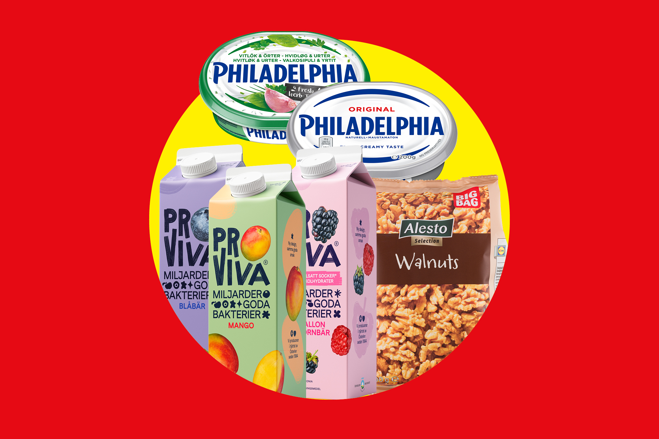Philadelphia färskost, ProViva fruktdrycker och Alesto valnötter på röd och gul bakgrund.