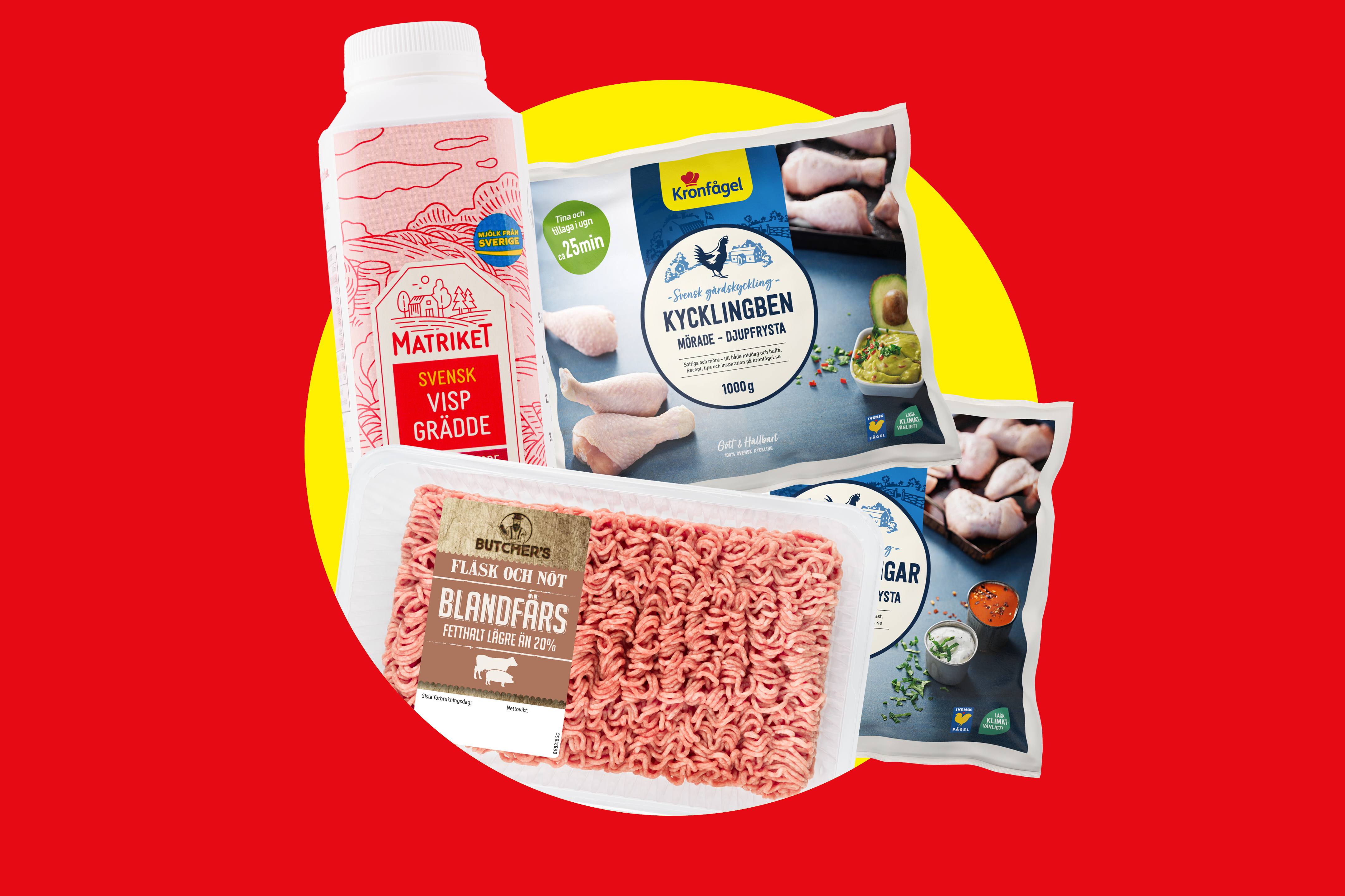 Kronfågel kycklingben, Matriket vispgrädde och Butchers blandfärs på röd och gul bakgrund.