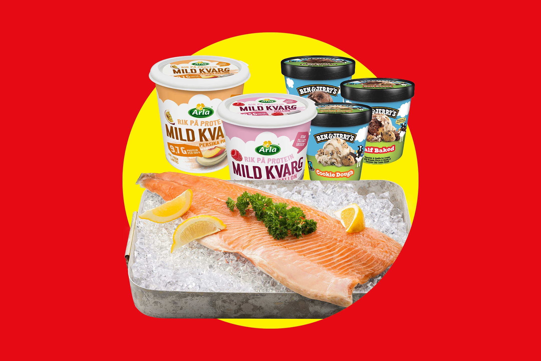 Laxfilé på is med citron och persilja, Arla kvarg och Ben & Jerry's glass.