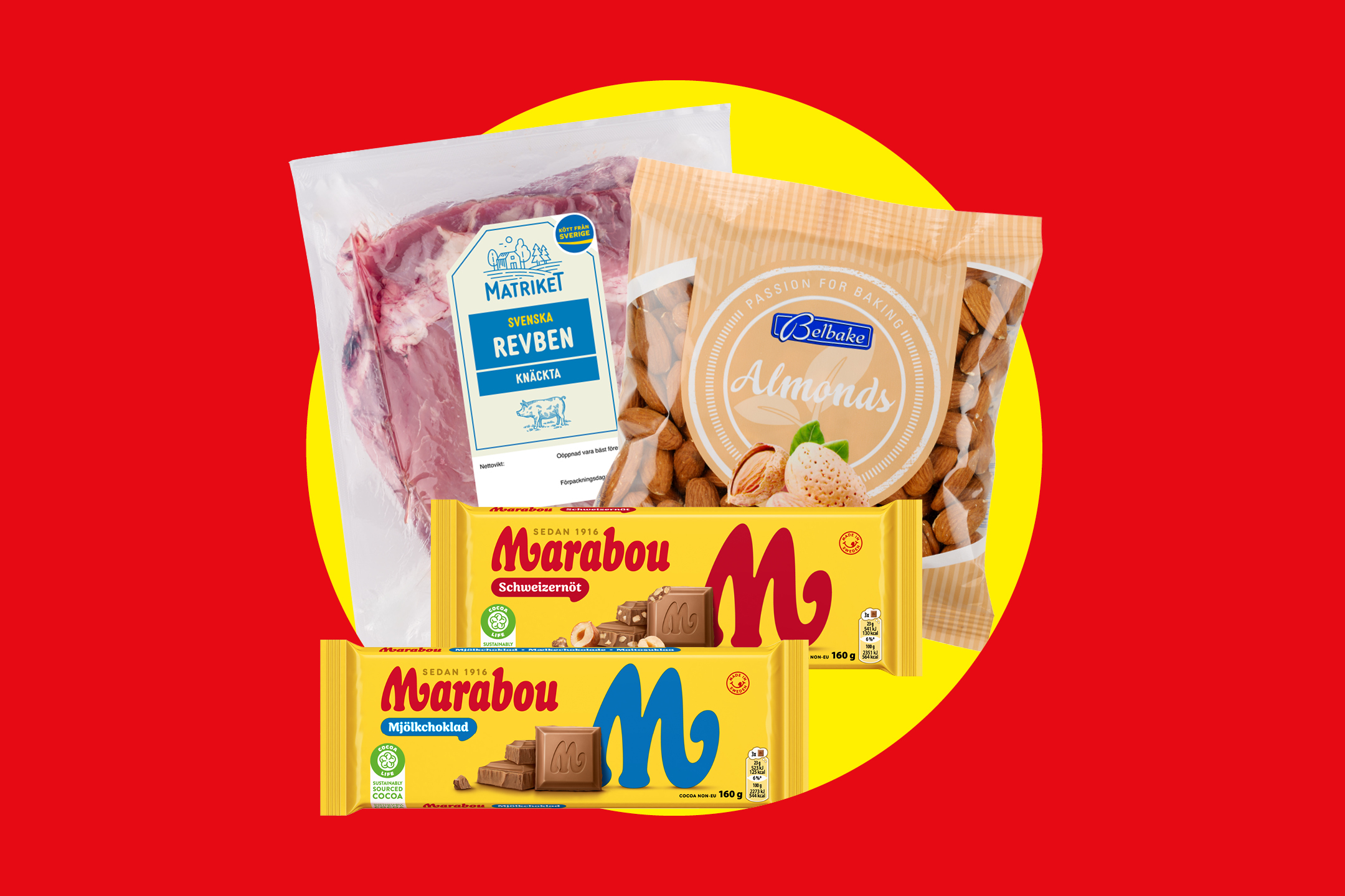 En förpackning revben, en påse mandlar och två chokladkakor.