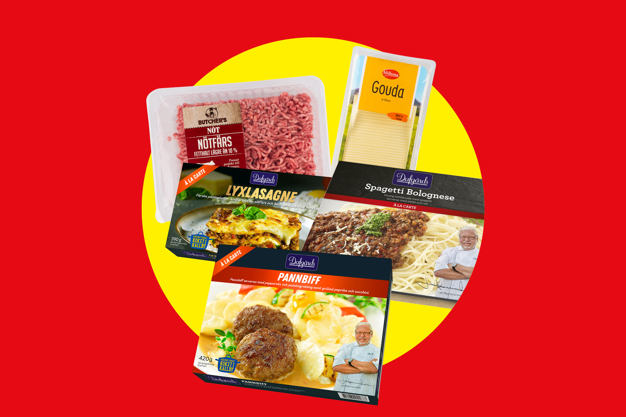 Färdigrätter som lasagne, spagetti bolognese och pannbiff, tillsammans med nötfärs och goudaost.