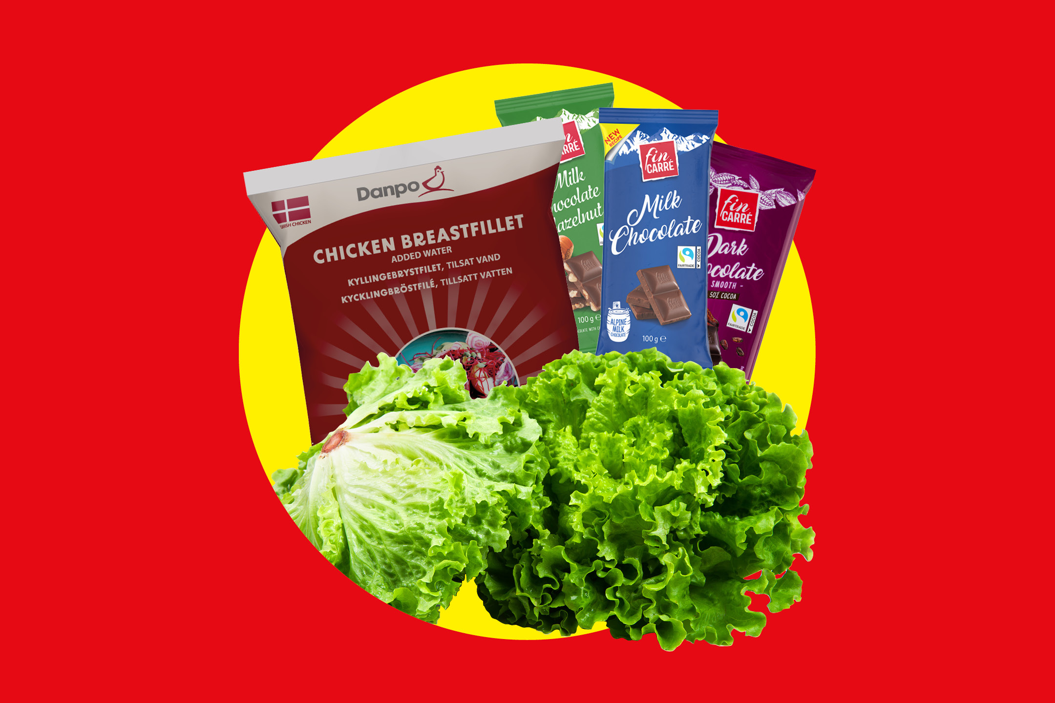 Kycklingbröstfilé, mjölkchoklad, mörk choklad och sallad på röd och gul bakgrund.