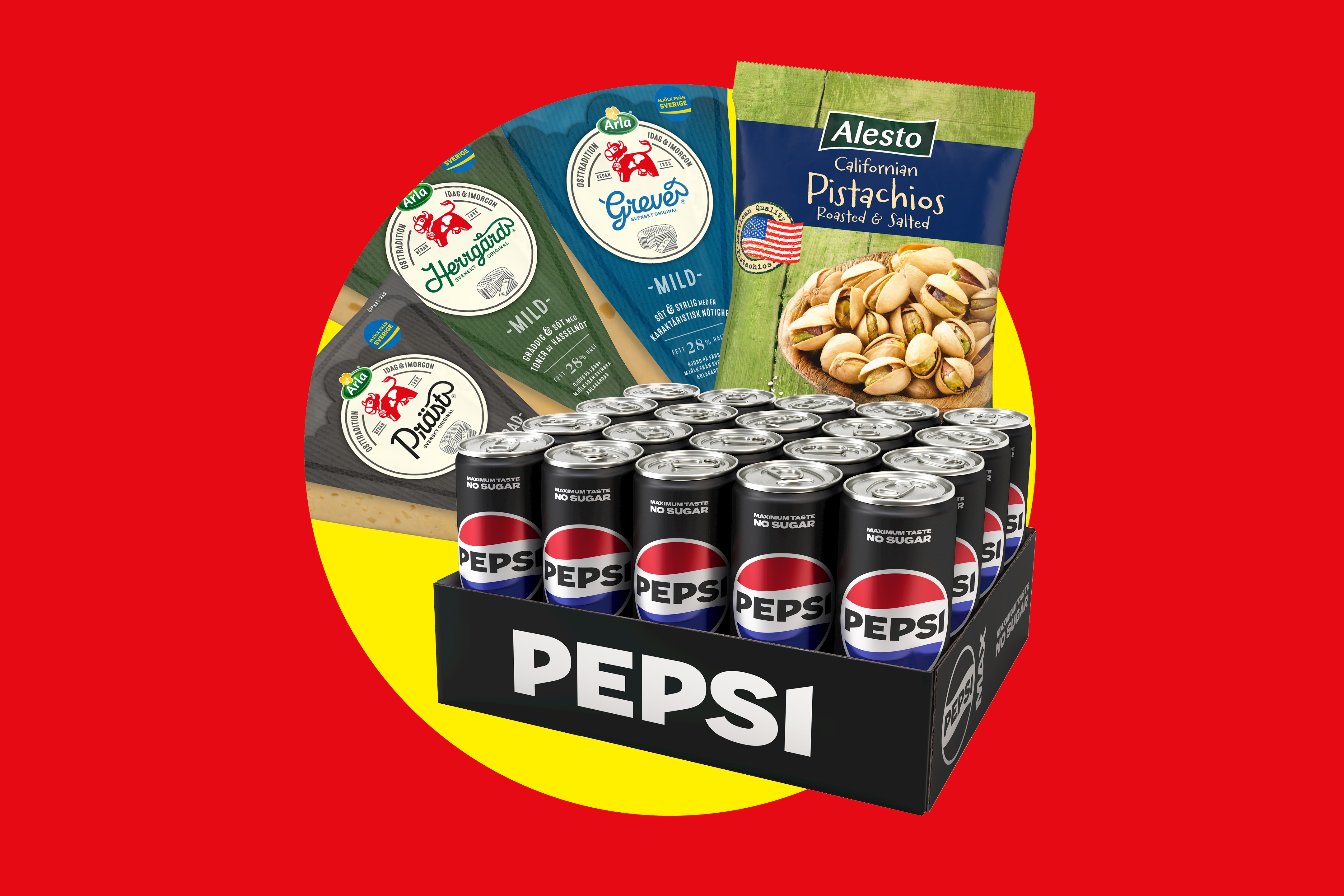 En bricka med sockerfri läsk, tre ostar och en påse pistagenötter.