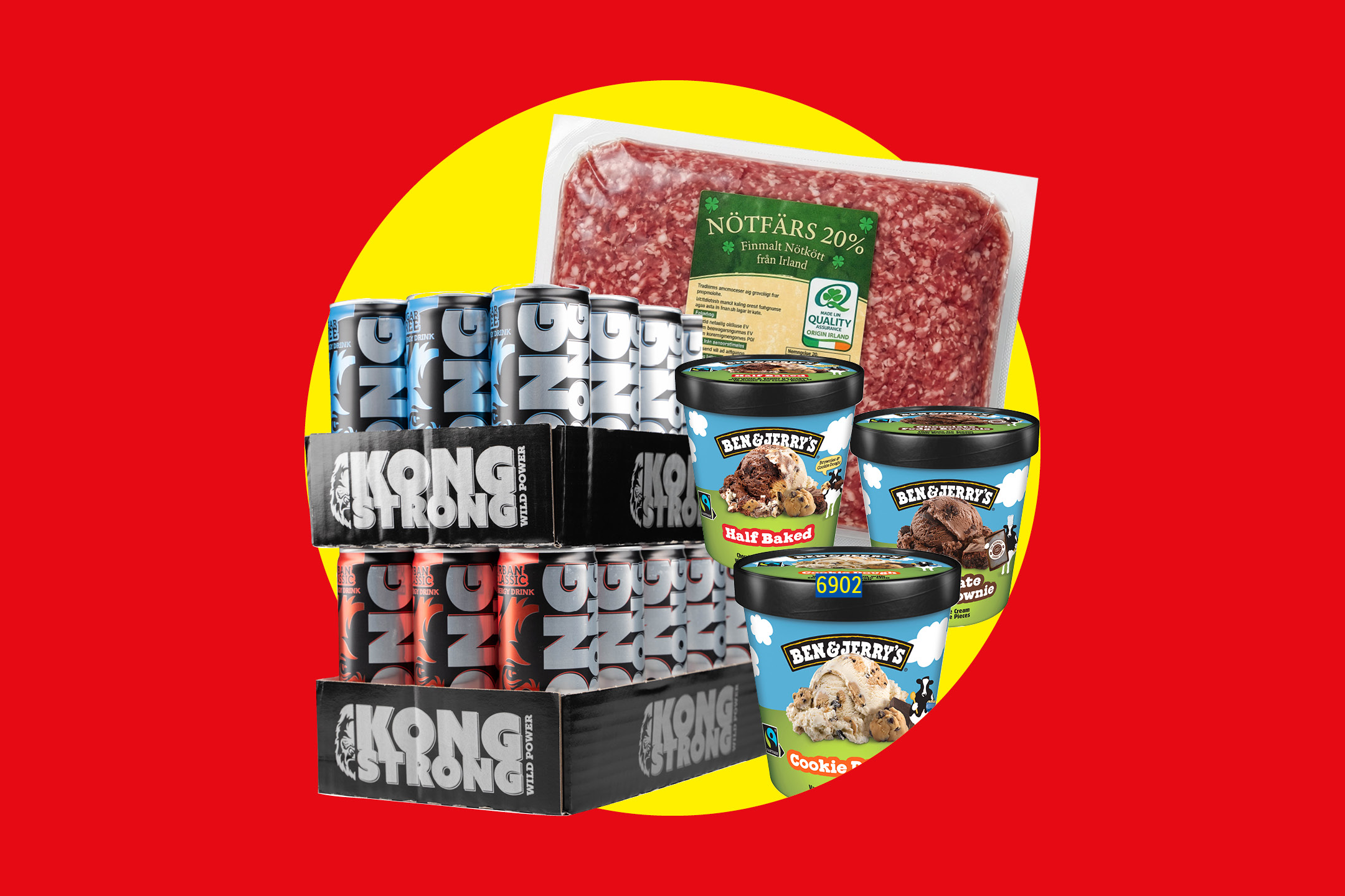 Förpackningar med nötfärs, energidrycker och glass på en röd och gul bakgrund.